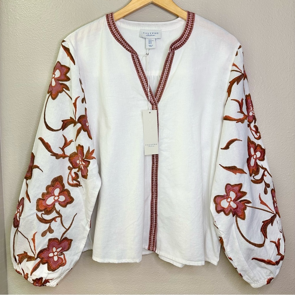 NWT Calypso St Barth Linen Cotton Blend Floral Embroidered Balloon Sleeve Blouse - Picture 2 of 8